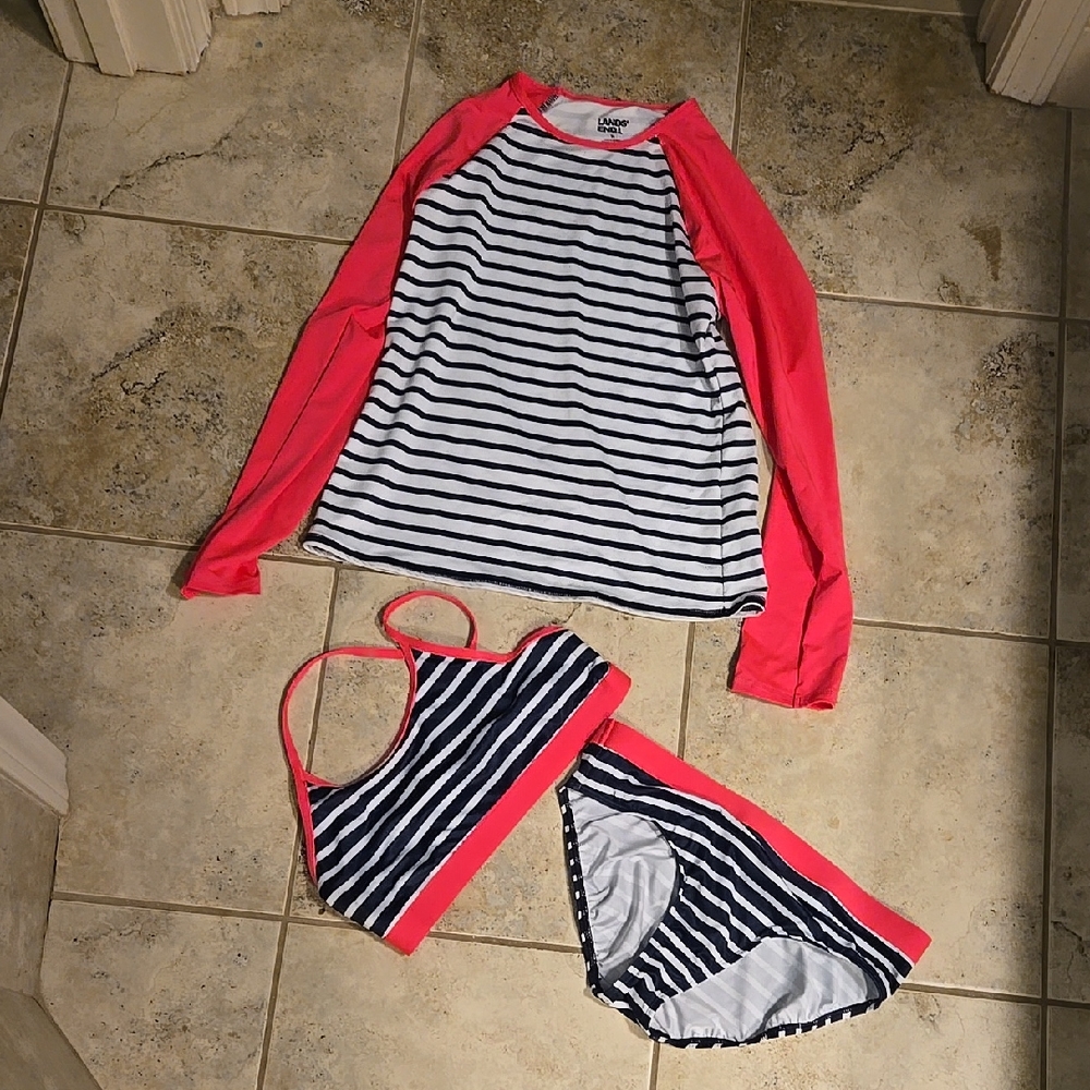 Lands End Pink and Navy Striped Rashguard Set